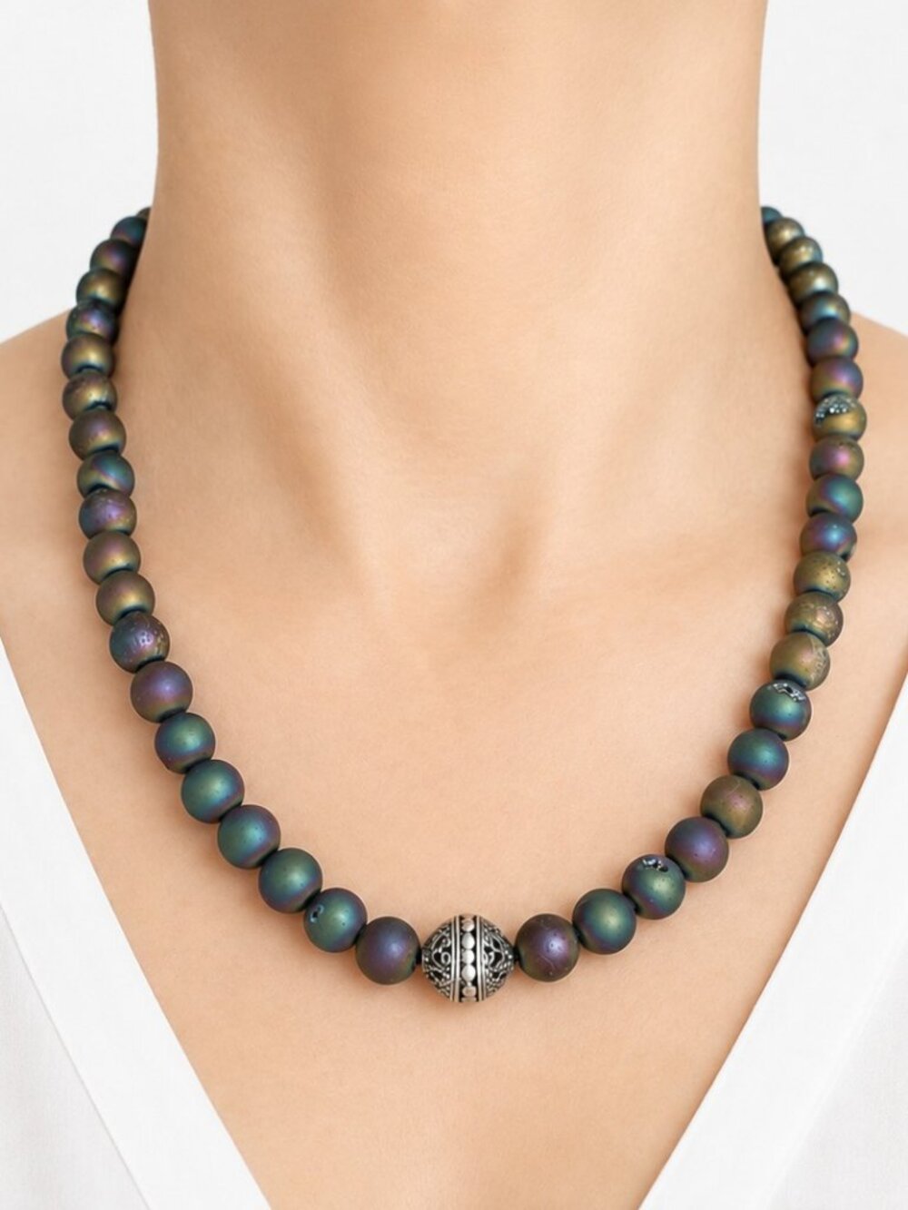 Samuel B. Rainbow Druzy 925 Sterling Silver Beaded Necklace NWT Box